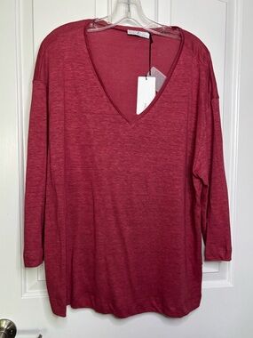 NWT YC Italian Linen V-Neck Women's Tunic Top in Berry Color size L